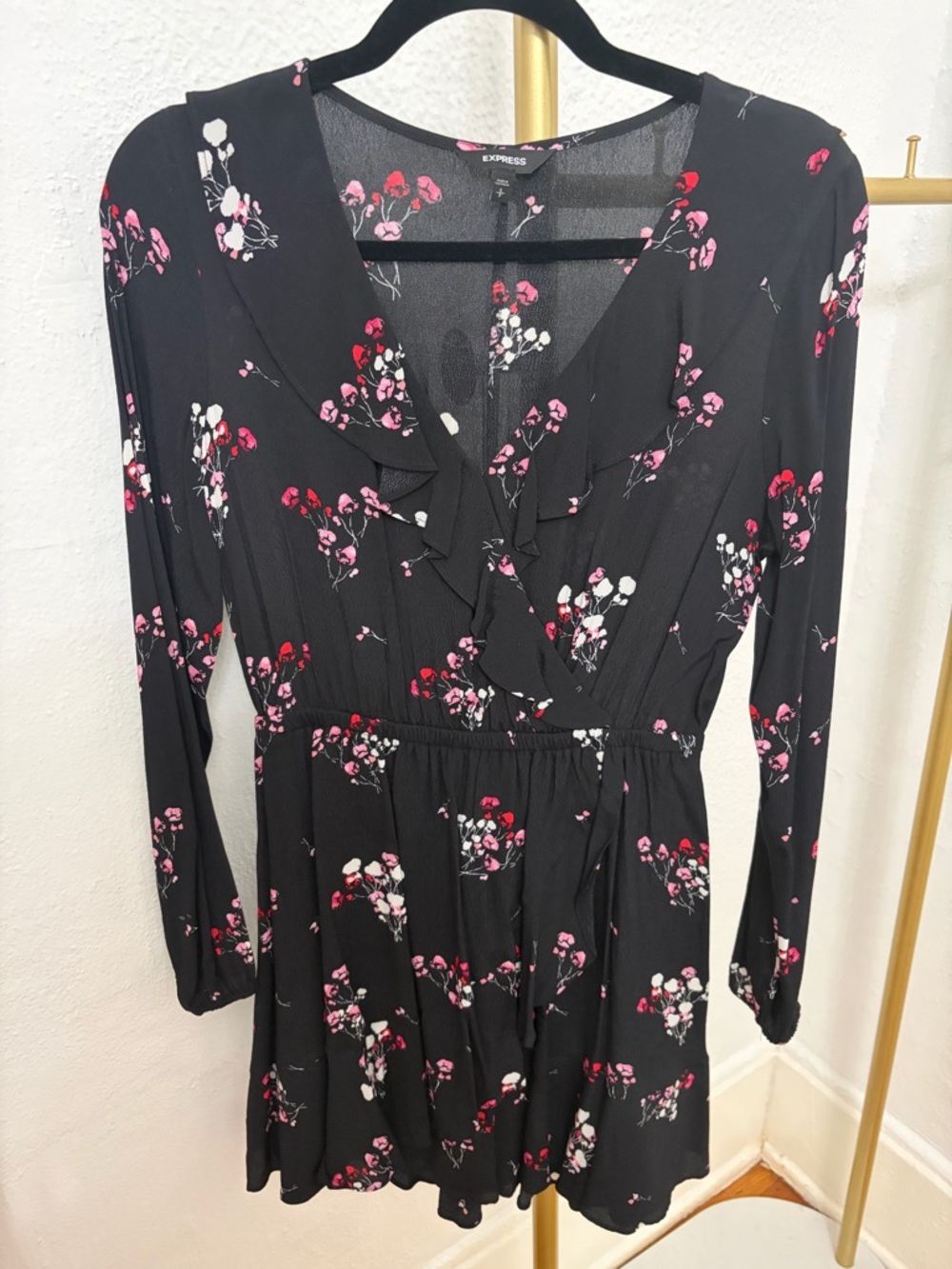 Express Black Floral Ruffle Mini Dress - Picture 3 of 3